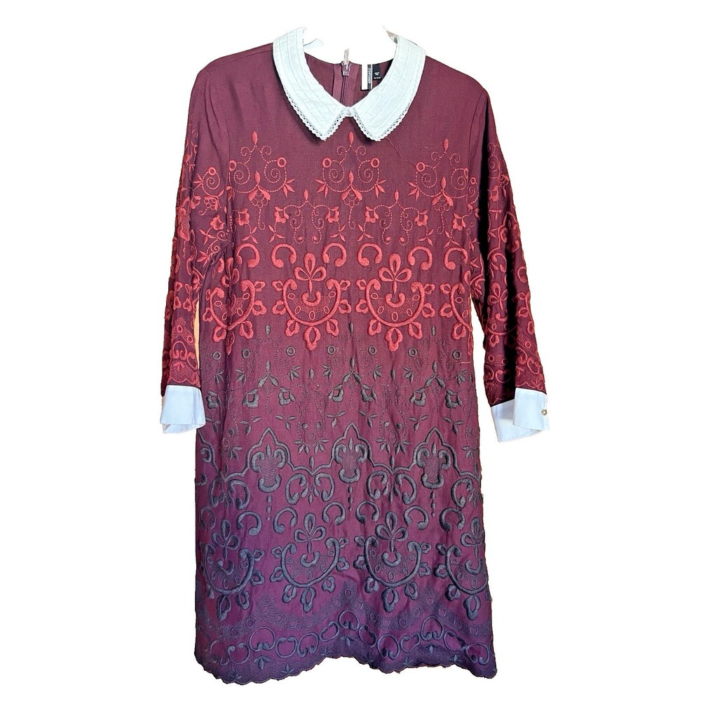Topshop Dress  Embroidered Shift Size 12 Burgundy 3/4 Sleeve Peter Pan Collar